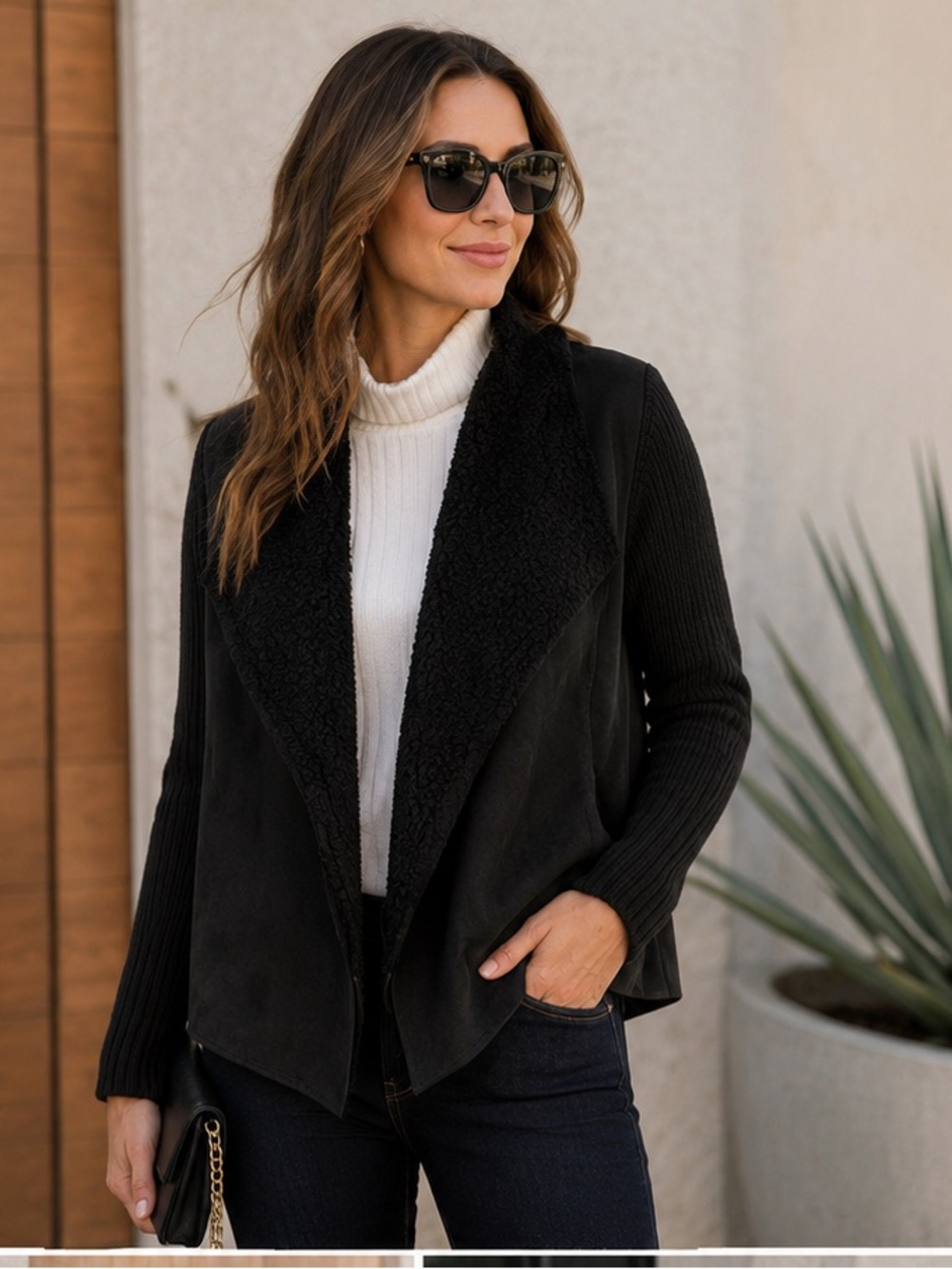 Chelsea &Theodore black faux suede sherpa open front sweater jacket size large